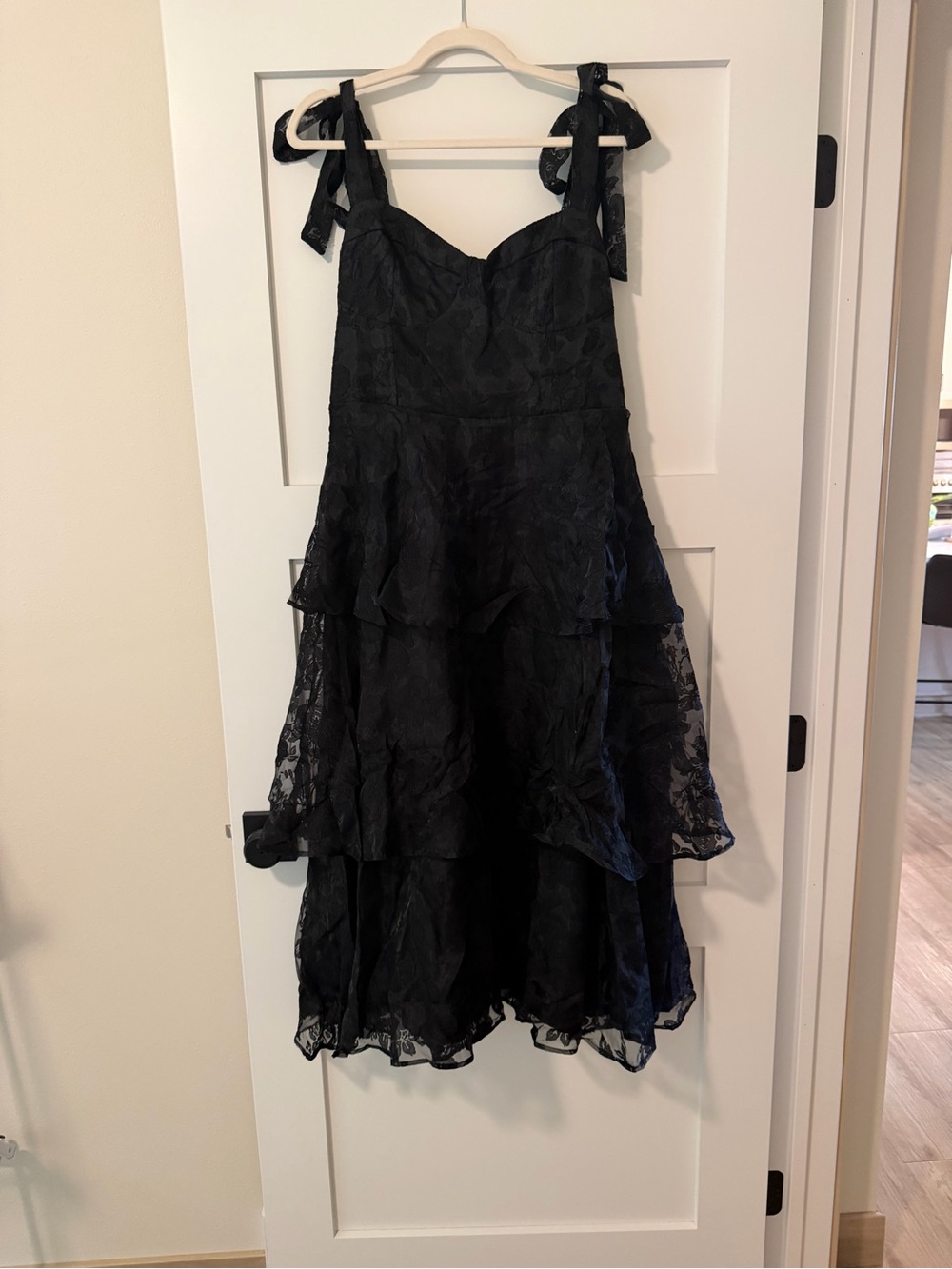 Lulu's Black Ruffled Lace Party Dress with Tie Straps - Picture 2 of 5